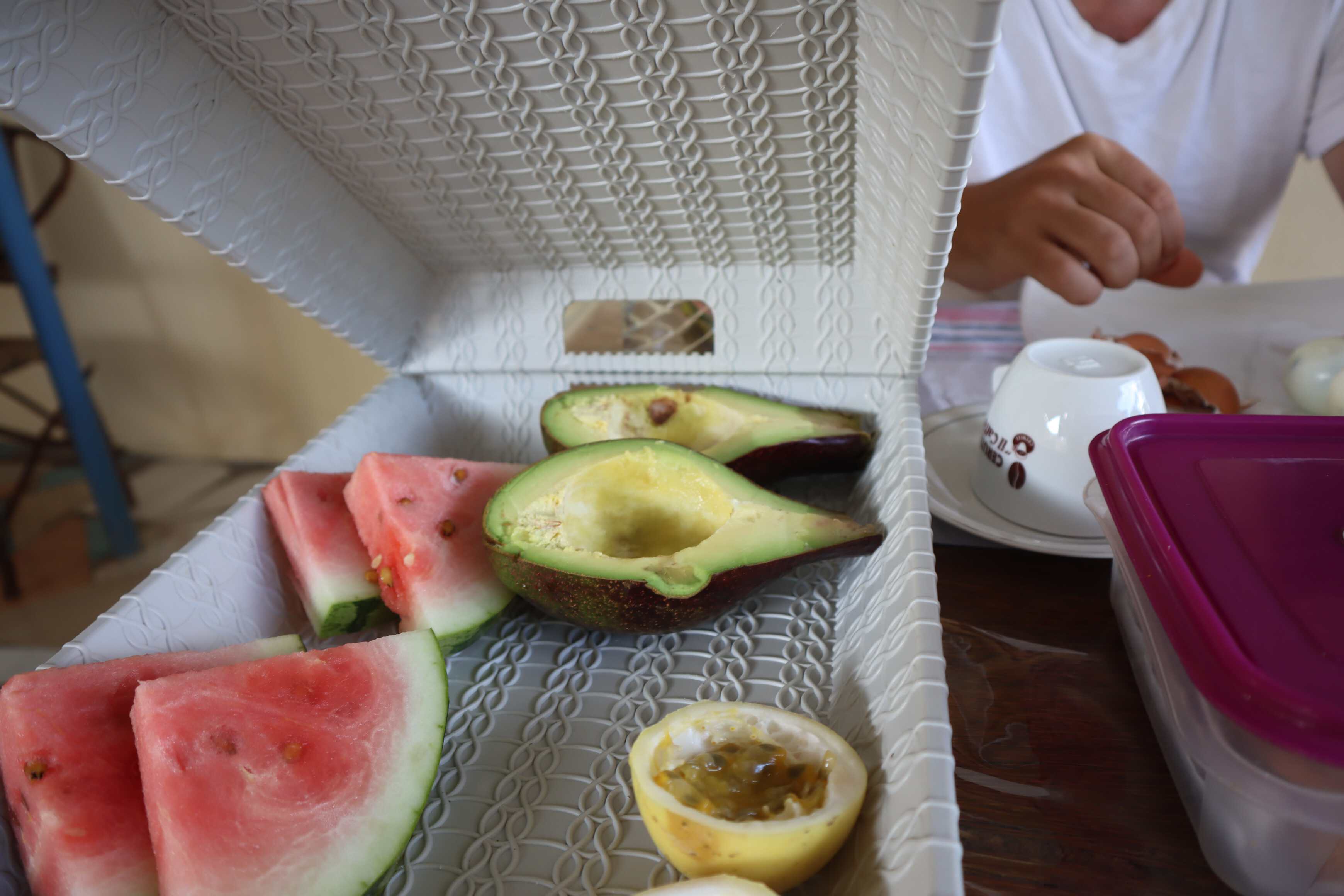 A tray of fruit containing passion fruit, watermelon, and avocado